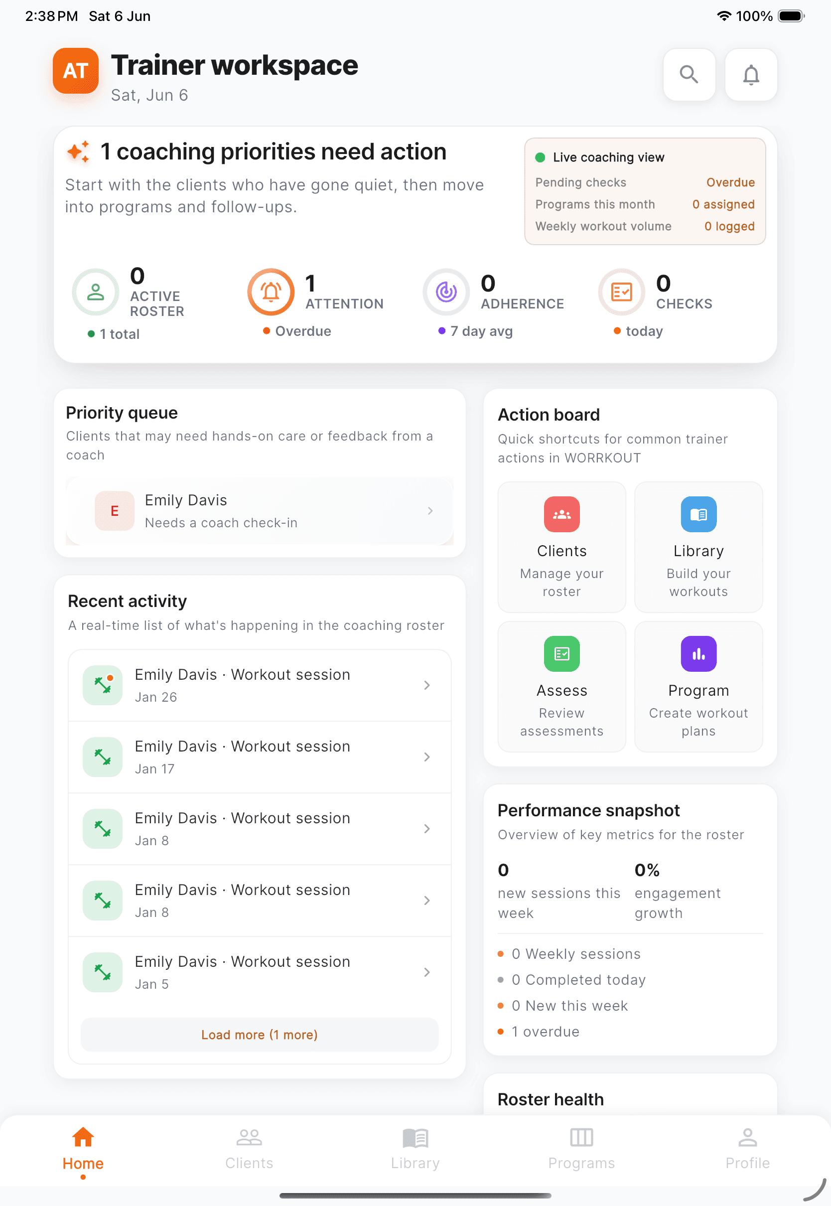Trainer home screen in the Worrkout mobile trainer app