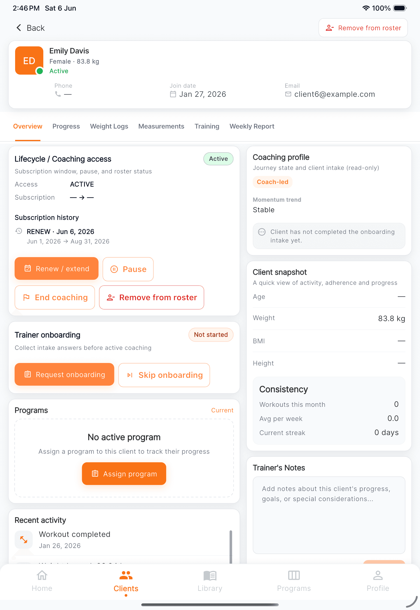 Client detail overview in the Worrkout mobile trainer app