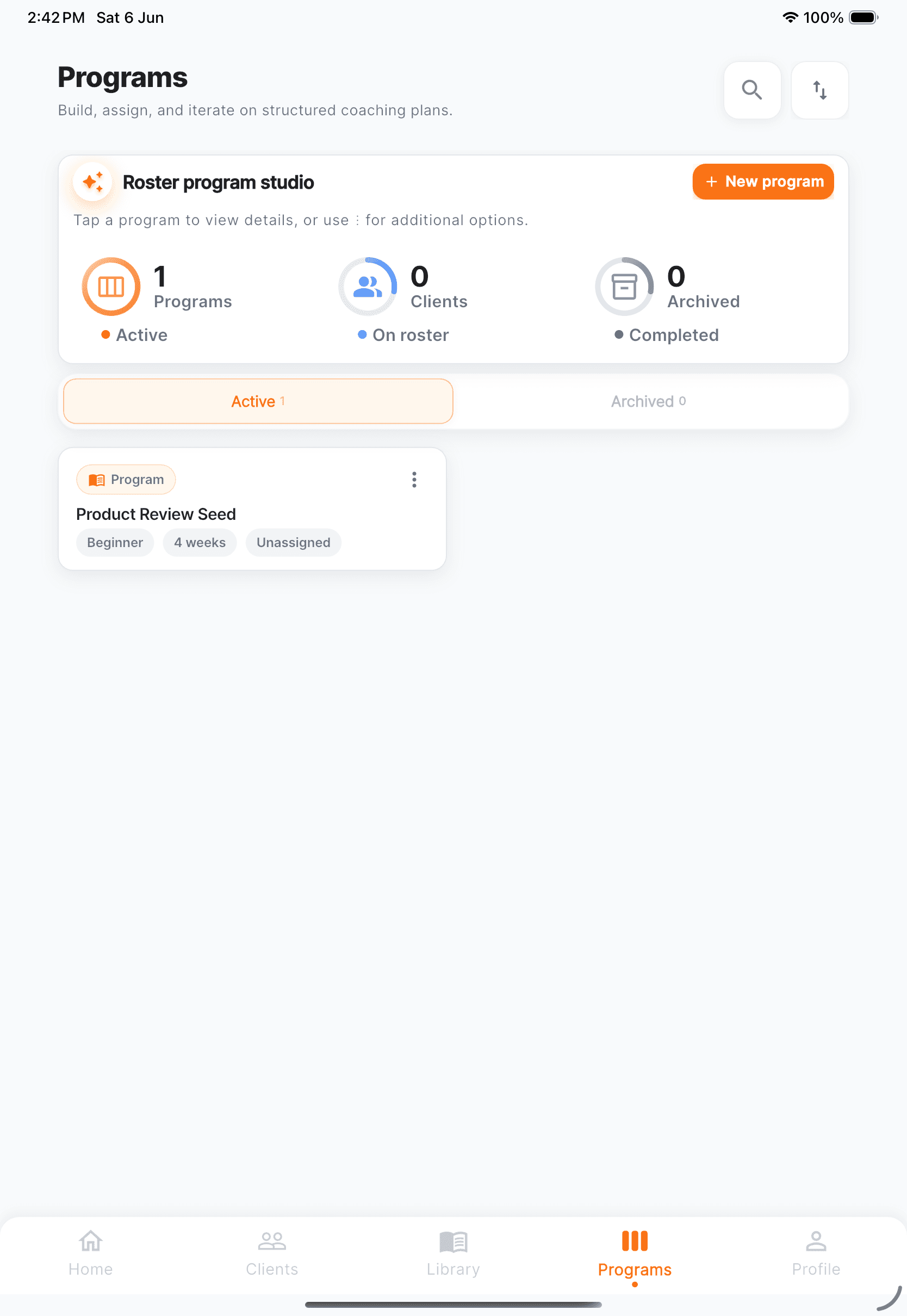 Programs list in the Worrkout mobile trainer app